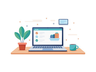 Fototapete - Modern flat design illustration of a laptop displaying charts and a to do list with a potted plant and coffee cup on a desk isolated on white background

