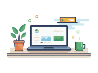 Poster - Modern flat design illustration of a laptop with charts and a coffee mug on a desk isolated on white background

