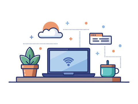Modern flat design illustration of a laptop with wifi symbol potted plant and coffee cup on a desk isolated on white background
