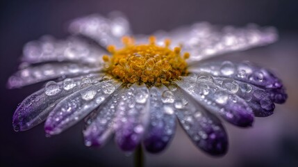 Poster - A captivating close-up of a delicate daisy with water droplets, showcasing the intricate details of the flower and the shimmering beauty of nature.
