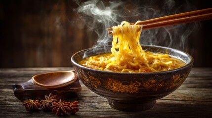 Aufkleber - A captivating shot of rice noodles being gently tossed in a bowl of spicy curry sauce, with steam rising, illustrating the warmth and comfort of this traditional dish.