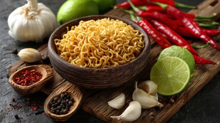 Poster - A charming setup with instant noodles in a bowl, surrounded by fresh ingredients like chili peppers, lime, and garlic, creating a colorful and appetizing display.