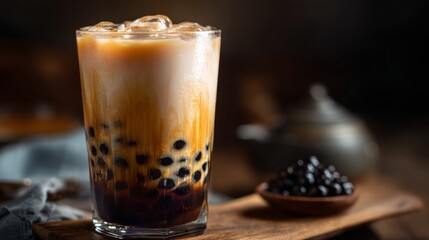 Poster - A close-up of a beautifully layered bubble tea drink, showcasing the contrasting colors of the milk tea and the dark tapioca pearls at the bottom of the glass.