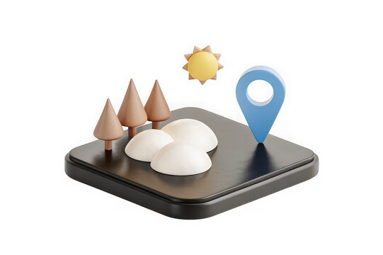 3d isometric illustration of a location marker with trees and sun on a platform