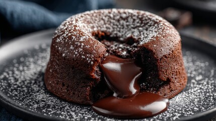Poster - A close-up of a chocolate lava cake with molten chocolate oozing from the center, served on a dark plate with a dusting of powdered sugar.