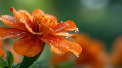 Poster - A close-up of a vibrant orange marigold with droplets of water clinging to its petals, showcasing its rich color and intricate details under soft natural light.