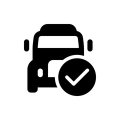 Poster - Black and white icon of a truck with a check mark indicating approval or successful inspection process shown