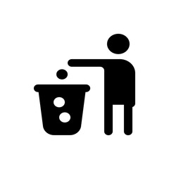 Poster - Person throwing garbage into a trash can depicted as a simple black and white vector graphic illustration