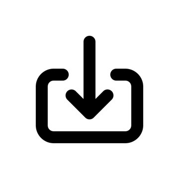 Black download icon featuring an arrow pointing downward into a square with an open top design element