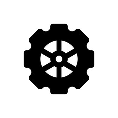 Poster - Black gear with six spokes radiating from a central circle and scalloped edge on a white background