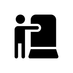 Poster - illustration of a person interacting with a large machine or device in a simple black silhouette sty