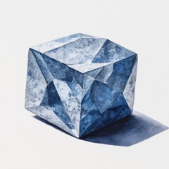 Poster - Blue Crystal Cube Watercolor Painting on White Background