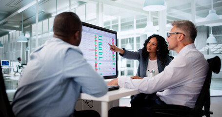 Poster - Business Team Analyzing Reports On Multiple Computer Screens In Workplace