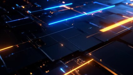 Fototapete - Abstract Digital Circuit Board Design In Blue And Orange With Geometric Patterns and Bright Lighting