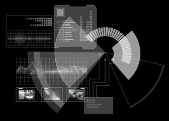 Poster - Displaying HUD overlay on dark field with radial gauge, bar chart, waveform grids and data windows