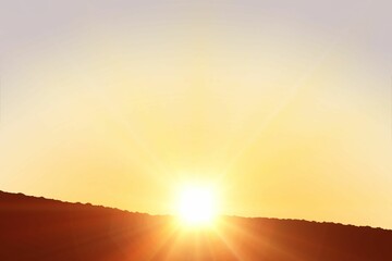 Poster - Sunrise is unfolding over jagged ridge in flat design, beams are illuminating sky with golden light