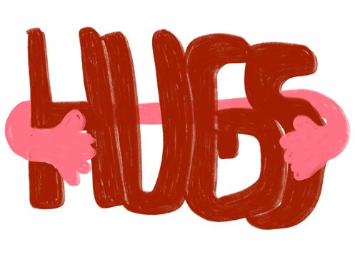 HUGS lettering. Hugs message with playful hand hugging  the letter design.