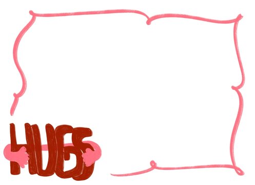 Pink frame with HUGS lettering design. Hugs frame message with playful hand hugging  the letter design.