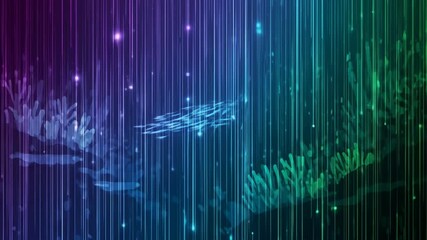 Poster - Digital ocean scene with coral reef and school of fish. Abstract neon light lines creating a futuristic glowing underwater world animation.
