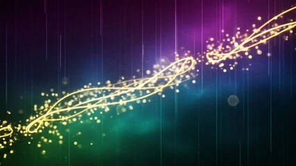 Poster - Wavy golden lines and sparkling particles moving across a gradient background with dynamic light effects, abstract animation footage.