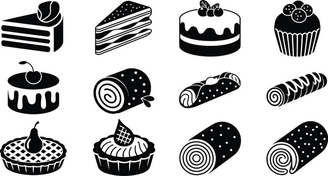 Assorted black and white dessert icons of cakes pies and pastries set