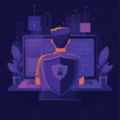Poster - A man before laptop with shield and lock on the screen
