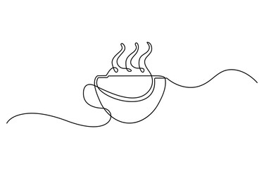 Poster - Coffee cup continuous line sketch tea icon cafe sketch drink single art outline mug logo food. Doodle cup line abstract background breakfast steam morning coffee design symbol. Vector illustration