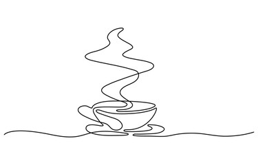 Poster - Coffee cup continuous line sketch tea icon cafe sketch drink single art outline mug logo food. Doodle cup line abstract background breakfast steam morning coffee design symbol. Vector illustration