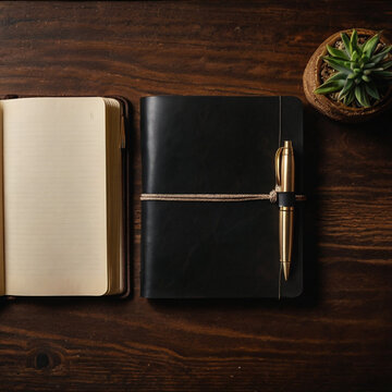 Open and closed journals with pen and succulent on wooden table