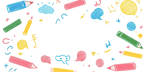 Poster - Colorful crayon style pencil frame with speech bubbles and doodle elements on white background for children creative design and education concept