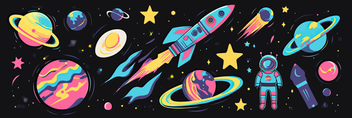 Poster - Colorful psychedelic space illustration with planets, rocket, astronaut, stars, and comets in flat minimalist vector style on black background for cosmic and outer space themes