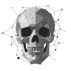Poster - Polygonal geometric human skull with connecting dot and line network structure low poly vector illustration on white background digital art design concept for technology and science