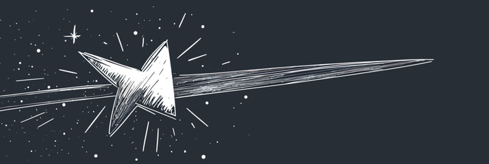 Poster - Hand drawn chalk effect shooting star with sparkling trail and glowing motion lines on dark background vector illustration for cosmic and space themes