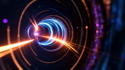 Fototapete - Dynamic Futuristic Tunnel With Blue And Orange Lights And Rays In Dark Background