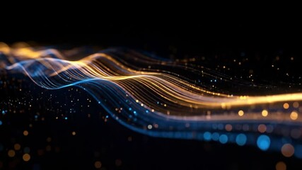 Fototapete - Abstract Digital Particle Wave Flowing Across Dark Backdrop with Blue And Golden Lights