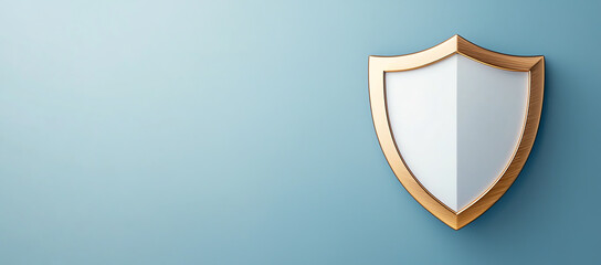 Poster - Modern shield icon representing security and protection, featuring sleek design with wooden frame against soft blue background. This conveys sense of safety and reliability