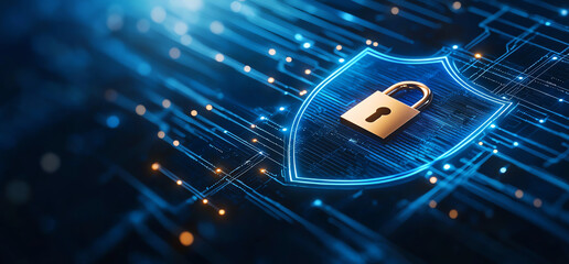 Poster - Digital security concept featuring shield with padlock, symbolizing cybersecurity and data protection. background showcases network of glowing lines, representing technology and safety