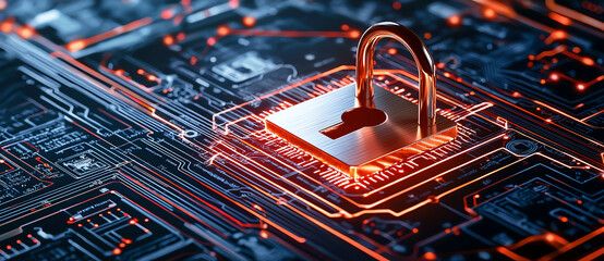 Poster - Digital padlock symbolizes cybersecurity and data protection, set against backdrop of intricate circuit patterns and glowing lines. This conveys sense of security and technological advancement
