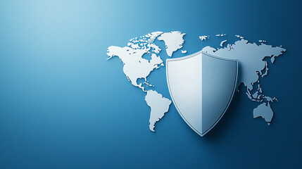 Poster - Digital blue background with world map and metallic shield symbol, representing security and protection in global context. image conveys sense of safety and digital defense