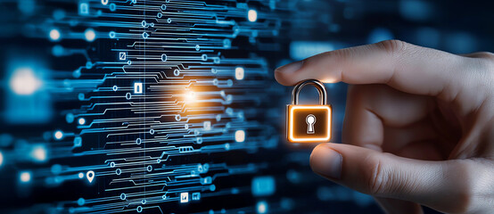 Poster - Digital security and data protection concept with hand holding glowing padlock against backdrop of interconnected circuits, symbolizing safety and technology