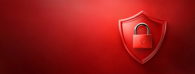 Poster - Red shield with padlock icon symbolizes digital security and protection. This conveys sense of safety and trust in online environments, emphasizing importance of safeguarding information