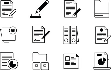 Poster - Black and White Document Icons Set File Folders Pen Signature Charts