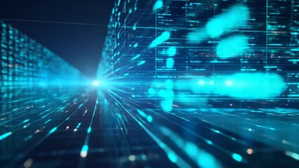 Fototapete - Futuristic Digital Data Stream Abstract Background with Blue Glowing Light and Grid Lines