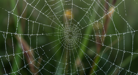 Horizontal Spiderweb with Dew Drops Green Background