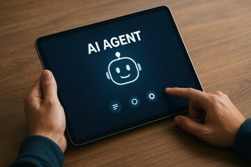 Poster - AI Agent on Tablet: A human hand interacts with a tablet screen displaying 