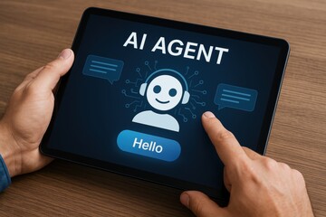 Poster - Digital Interaction: AI Agent on Tablet: A modern depiction of artificial intelligence, represented by a friendly AI agent icon on a tablet screen.