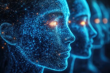 Poster - Glowing Blue Digital Faces Connected in a Network
