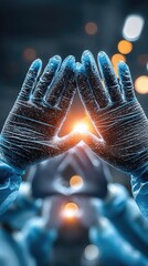 Poster - Glowing Blue Hands Forming a Triangle of Light