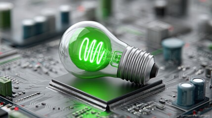 Poster - Futuristic Green Neon Lightbulb Illuminating Circuit Board Details