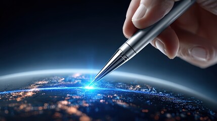 Poster - Close-Up of Hand Interacting with Glowing Earth Digital Concept